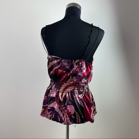 Purple Silk Floral Print Cinched Sleeveless Beaded Blouse - Picture 5 of 9